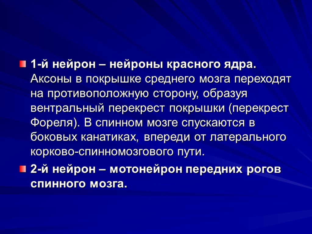 1-й нейрон – нейроны красного ядра. Аксоны в покрышке среднего мозга переходят на противоположную